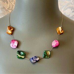Multicolored Dyed Mother of Pearl Shell Necklace, Silver Adjustable Chain
